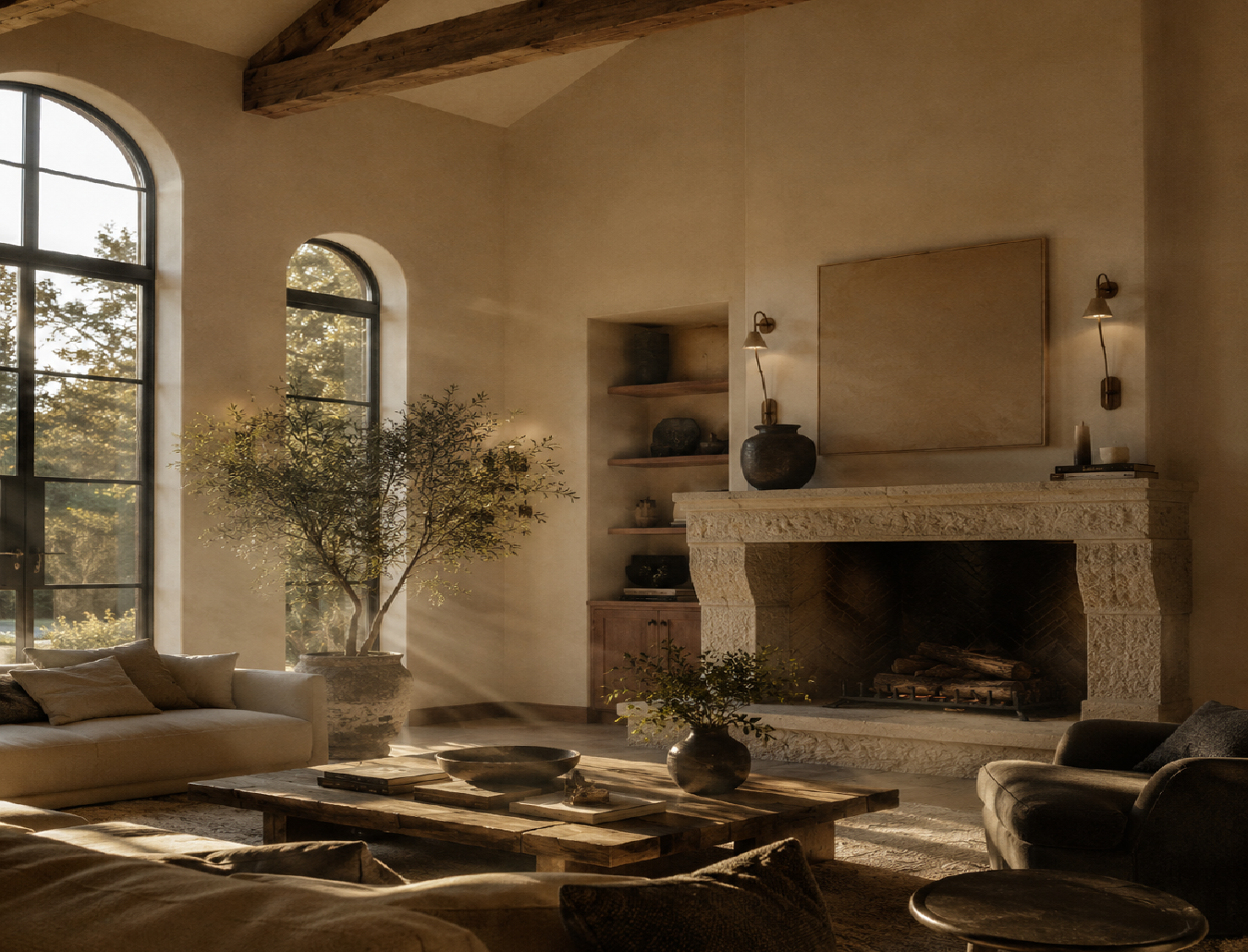 Living room interior render in the Flake brand mood