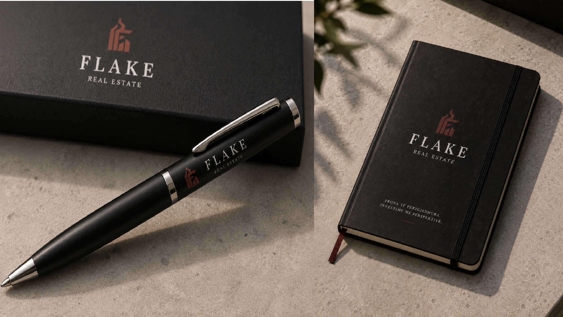 Flake Real Estate branded pen and notebook