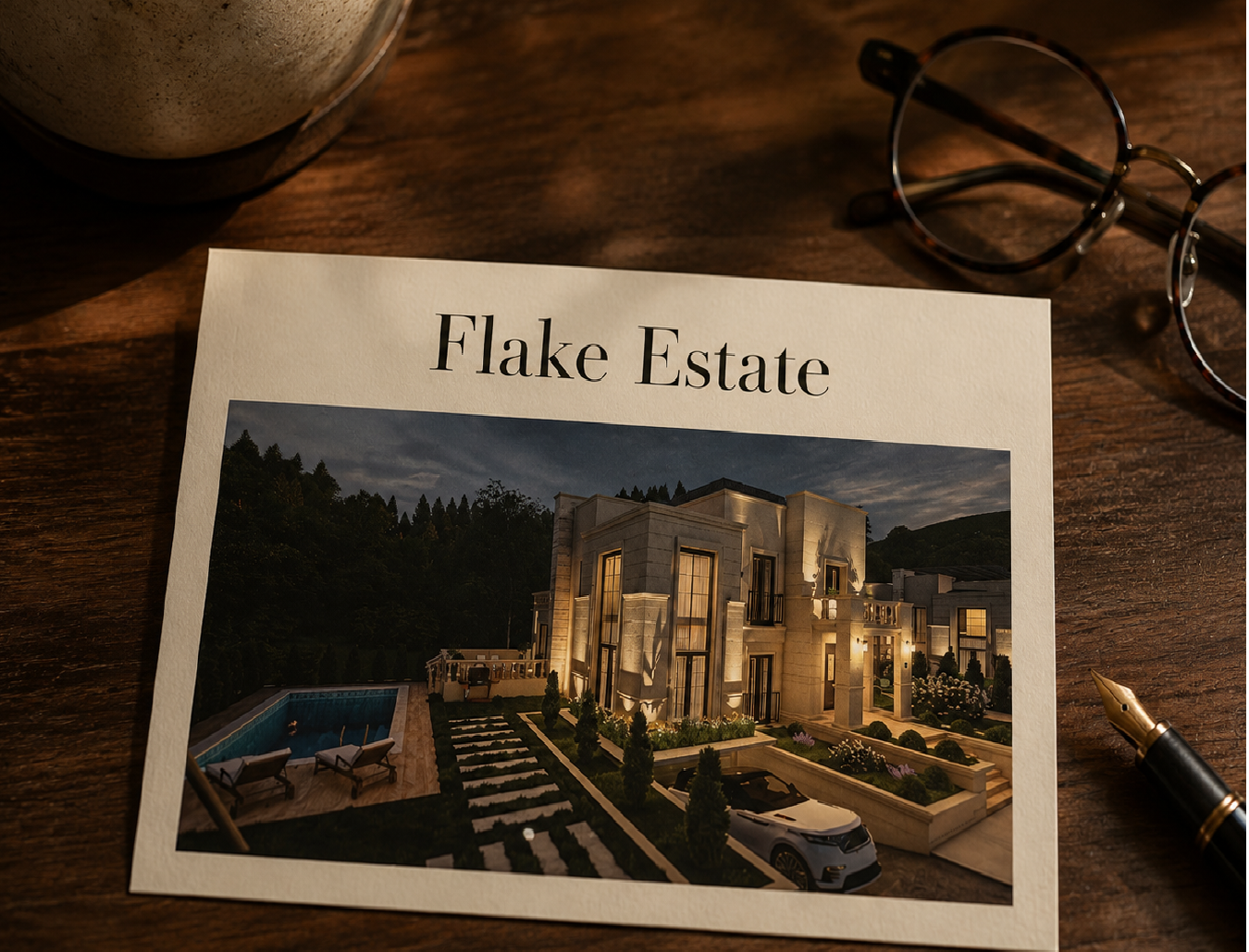 Villa exterior render in the Flake brand mood