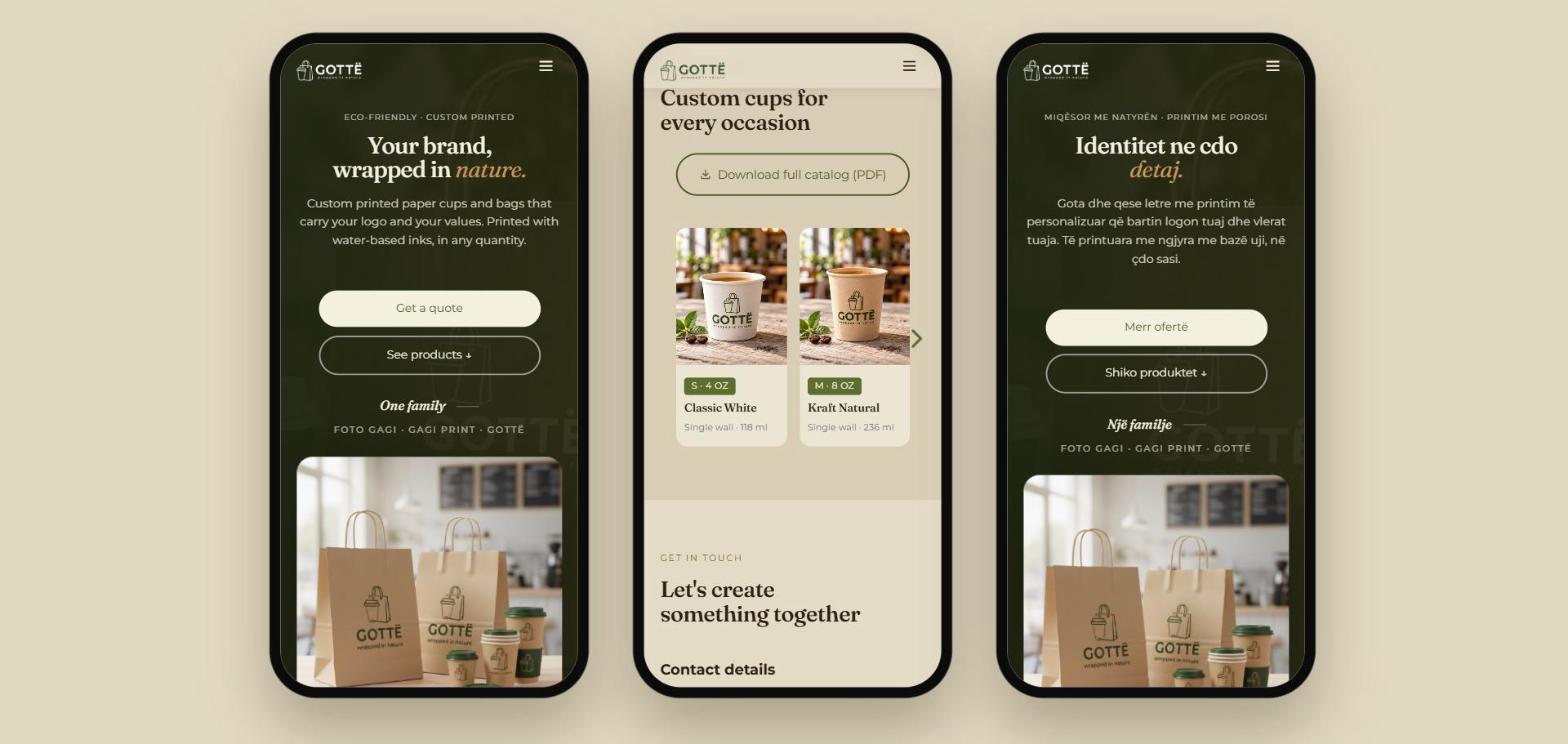 Gottë website on mobile in English and Albanian