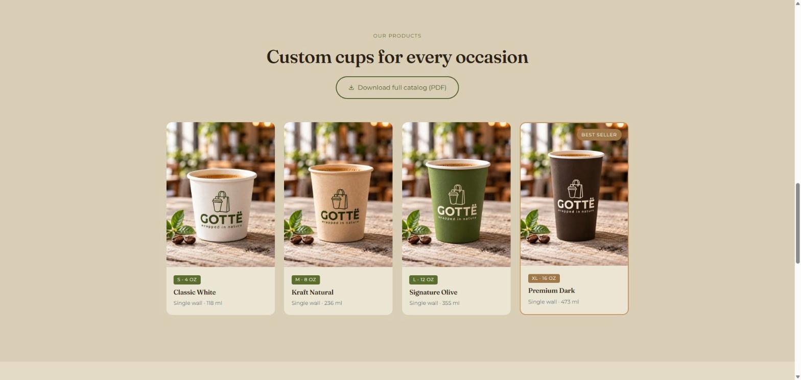 Gottë product range section with four custom cup sizes