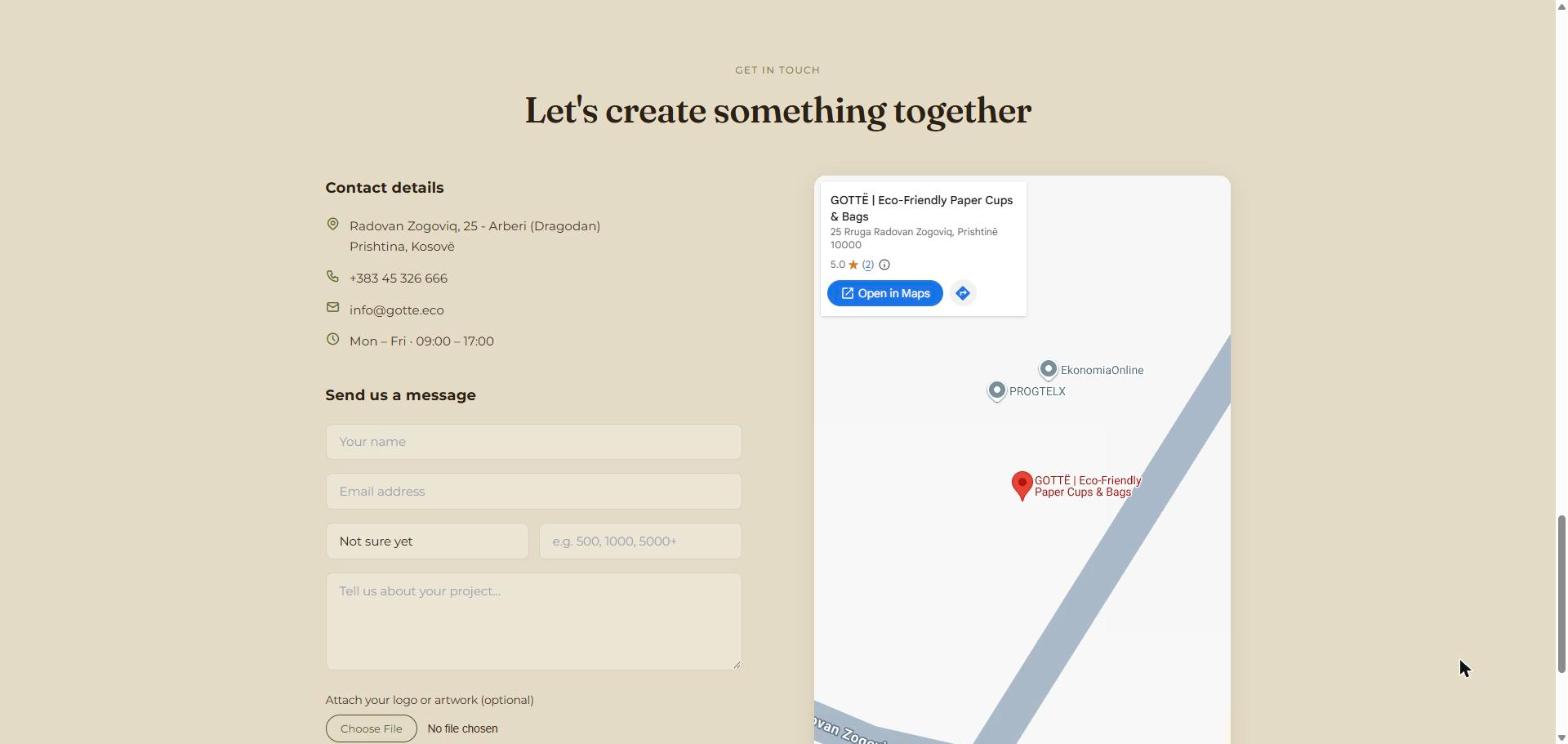 Gottë contact section with quote form and map